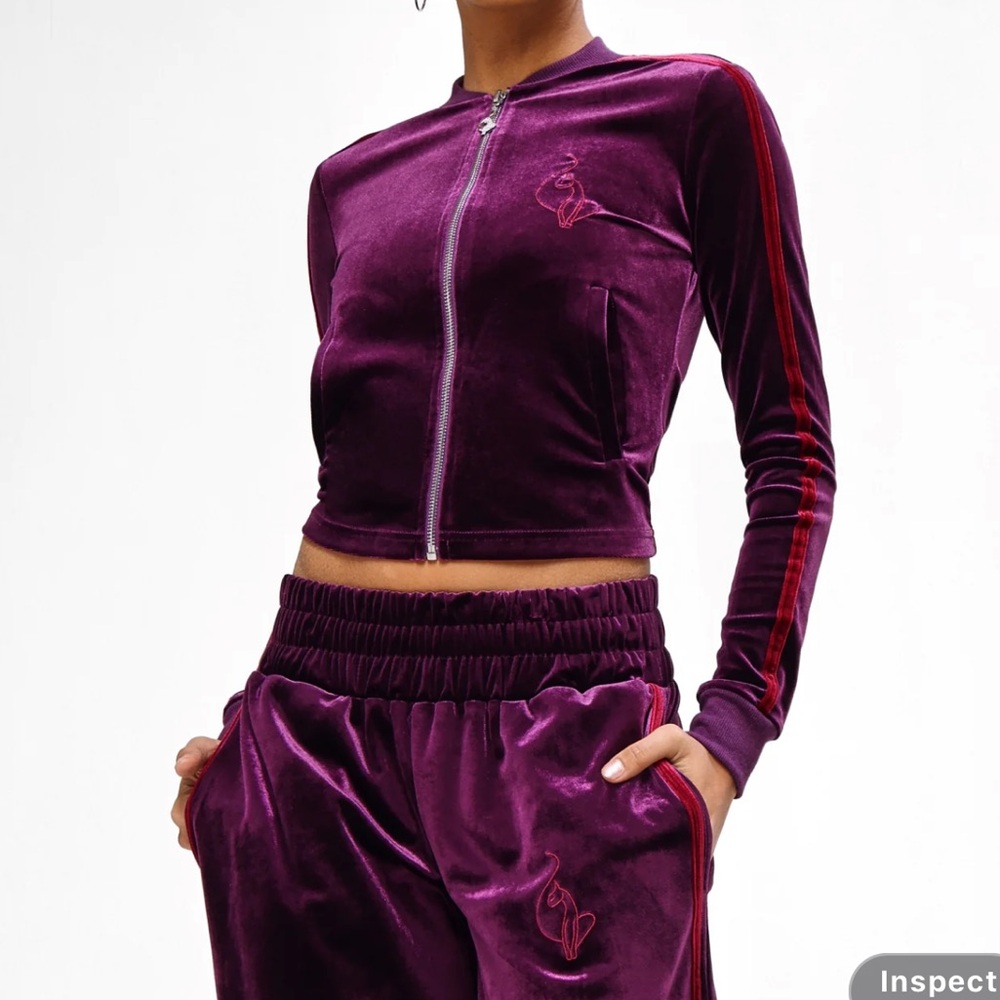 Velour Zip-Front Track Jacket and Pants Set - Plum
